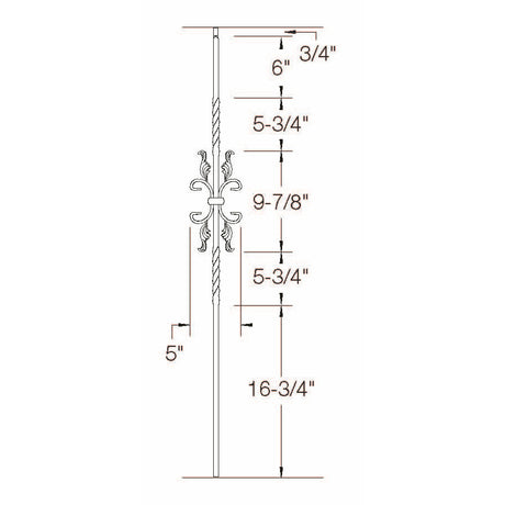 T-55 Two Twists with Leaves Tubular Steel Baluster Dimensional Information