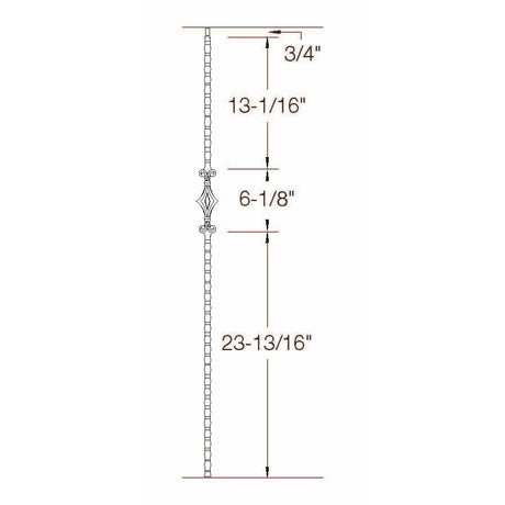 T-93 Single Diamond Edge Hammered Tubular Steel Baluster Dimensional Information