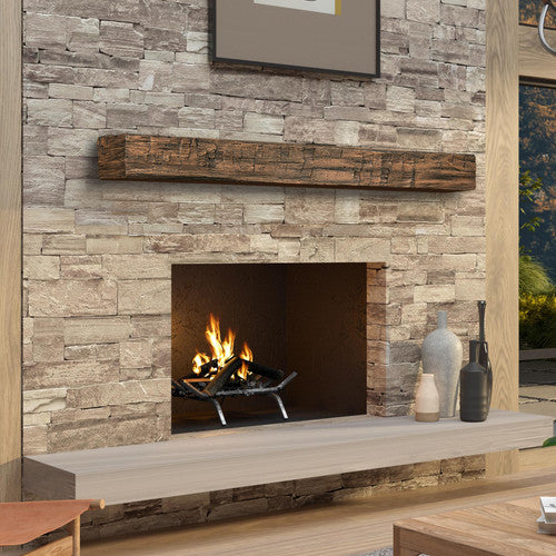 Tavern Timbered Beam Non-Combustable Fireplace Mantel Shelf, Fieldstone Interior