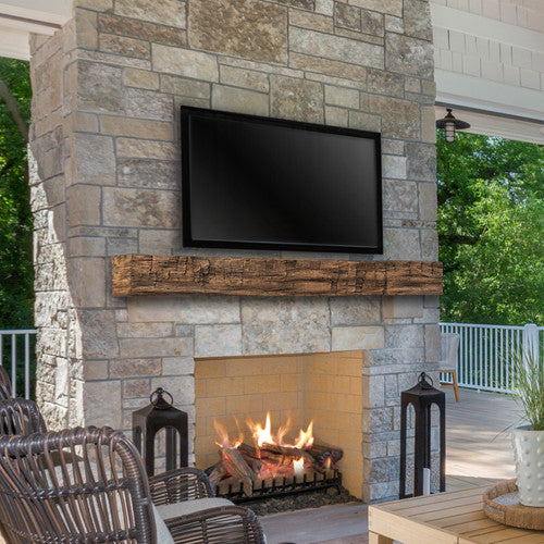 Tavern Timbered Beam Non-Combustable Fireplace Mantel Shelf, Fieldstone Exterior