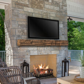 Tavern Timbered Beam Non-Combustable Fireplace Mantel Shelf, Fieldstone Exterior