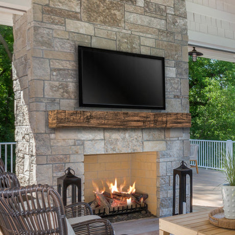 Tavern Timbered Beam Non-Combustable Fireplace Mantel Shelf, Fieldstone Exterior