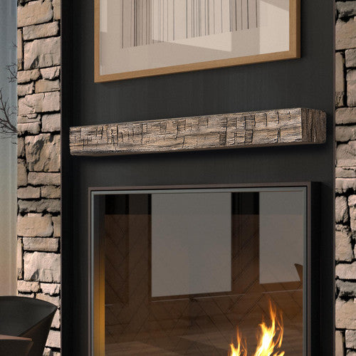 Tavern Timbered Beam Non-Combustable Fireplace Mantel Shelf, River Rock Interior