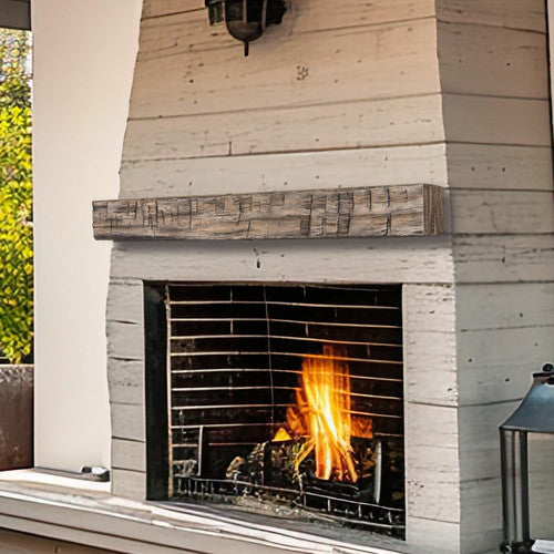 Tavern Timbered Beam Non-Combustable Fireplace Mantel Shelf, River Rock Exterior