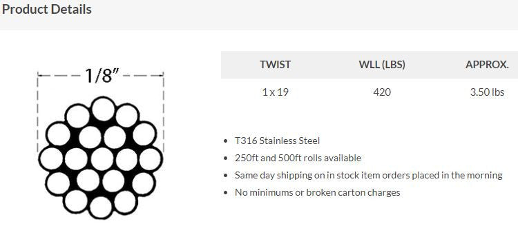 CABLE18 1/8" Diameter Cable Wire Specifications