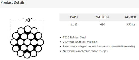 CABLE18 1/8" Diameter Cable Wire Specifications