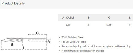 LAGSTUD-18 Lag Stud Type T316 Hand Swage Specifications