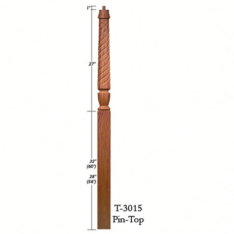 T-3015 Twist Bunker Hill 3-1/2" x 56" or 3-1/2 x 60" Gooseneck Landing Pin Top Newel Post, Dimensional Information